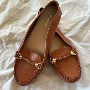 NWOT Aldo Brown Genuine Leather Loafer Flats Braided Gold Preppy Office Classic